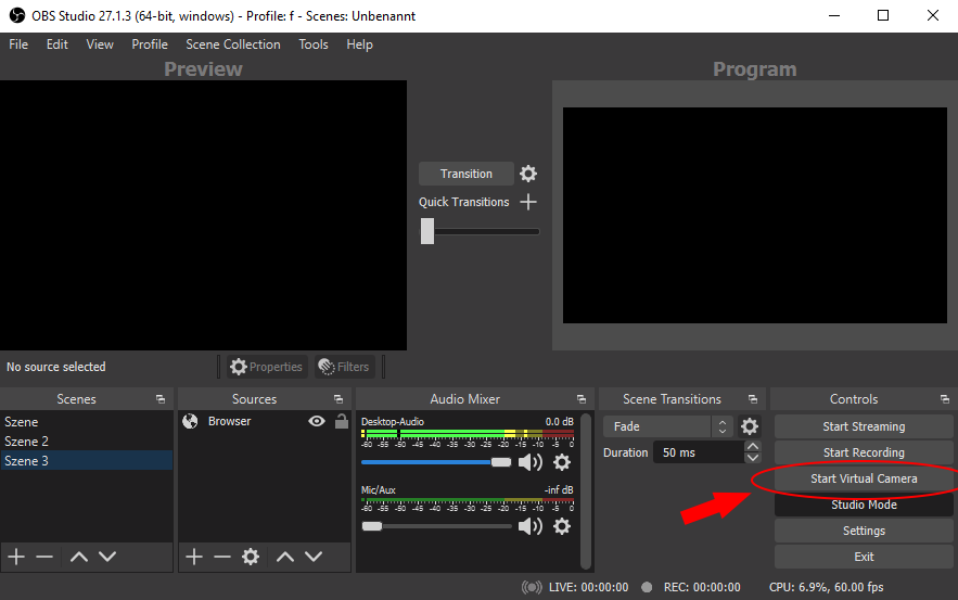 Screenshot of OBS showing the location of the virtual camera setting.
