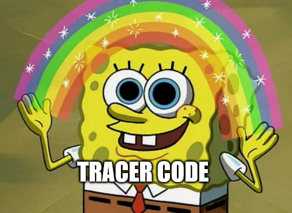 A Spongebob rainbow meme, in which he is fantasized by tracer code