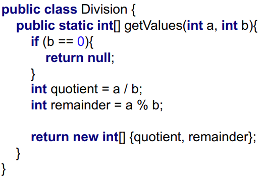 A piece of Java source code where we execute a division between two given numbers.