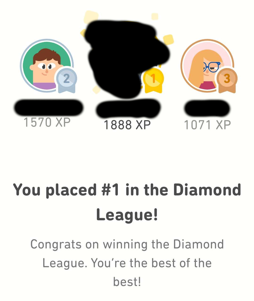 A screenshot of a Duolingo league result screen with me being at number one in the diamond league.