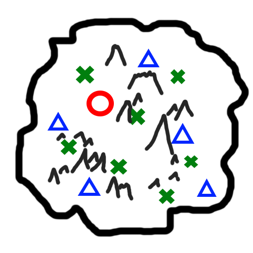 A picture of the same example game map but with some mountains and hills sprinkled around to "declutter" the game map.